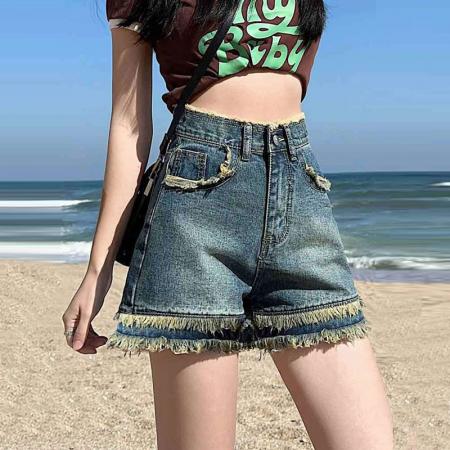 毛边牛仔短裤女小众薄款ins风夏天高腰宽松复古直筒阔腿a字热裤子  服裝批發女裝批發服飾貨源