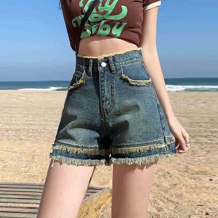 毛边牛仔短裤女小众薄款ins风夏天高腰宽松复古直筒阔腿a字热裤子  服裝批發女裝批發服飾貨源