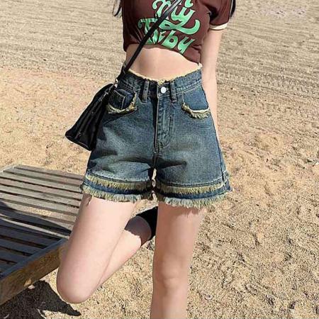 毛边牛仔短裤女小众薄款ins风夏天高腰宽松复古直筒阔腿a字热裤子  服裝批發女裝批發服飾貨源