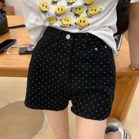 热裤女新款宽松波点阔腿韩版chic设计黑色高腰碎花直筒牛仔短裤子  服裝批發女裝批發服飾貨源