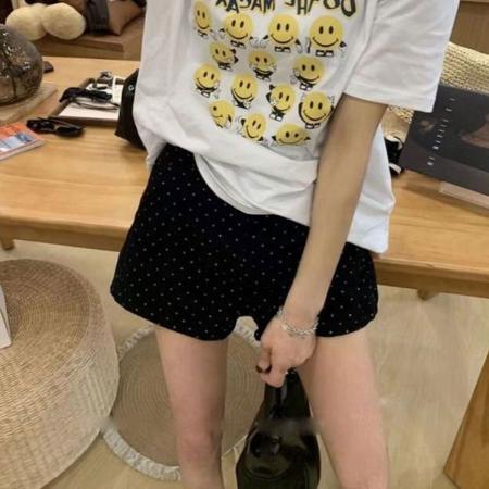 热裤女新款宽松波点阔腿韩版chic设计黑色高腰碎花直筒牛仔短裤子  服裝批發女裝批發服飾貨源