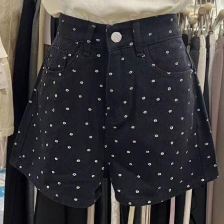 热裤女新款宽松波点阔腿韩版chic设计黑色高腰碎花直筒牛仔短裤子  服裝批發女裝批發服飾貨源
