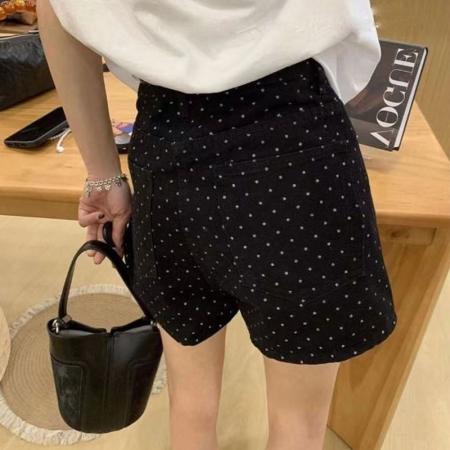 热裤女新款宽松波点阔腿韩版chic设计黑色高腰碎花直筒牛仔短裤子  服裝批發女裝批發服飾貨源