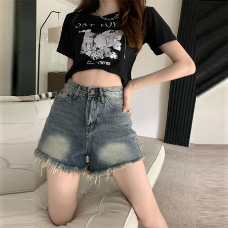 流苏毛边高腰牛仔短裤女复古夏季新款宽松大码显瘦阔腿A字热裤子  服裝批發女裝批發服飾貨源