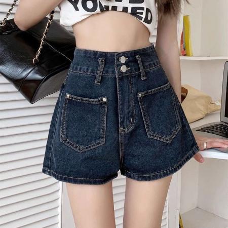 蓝灰牛仔短裤女薄款ins风夏季大码胖mm直筒阔腿高腰双扣a字热裤子  服裝批發女裝批發服飾貨源