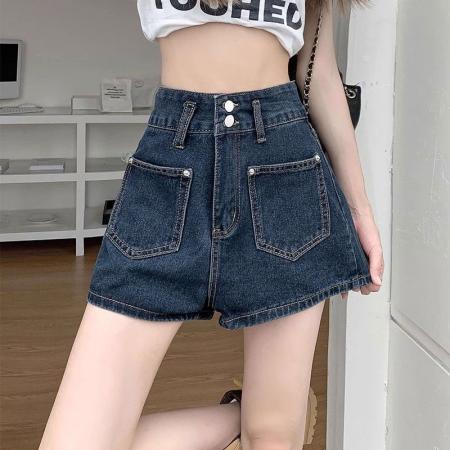 蓝灰牛仔短裤女薄款ins风夏季大码胖mm直筒阔腿高腰双扣a字热裤子  服裝批發女裝批發服飾貨源