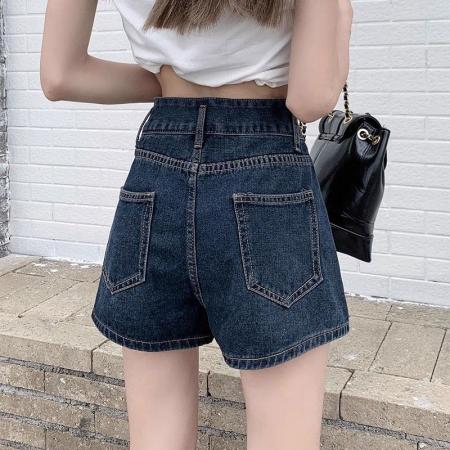 蓝灰牛仔短裤女薄款ins风夏季大码胖mm直筒阔腿高腰双扣a字热裤子  服裝批發女裝批發服飾貨源