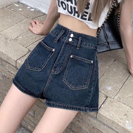 蓝灰牛仔短裤女薄款ins风夏季大码胖mm直筒阔腿高腰双扣a字热裤子  服裝批發女裝批發服飾貨源