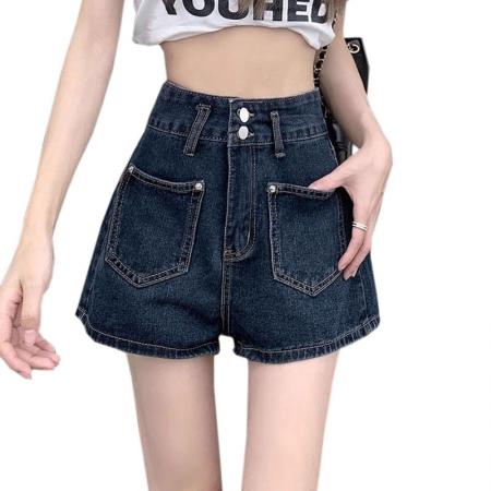 蓝灰牛仔短裤女薄款ins风夏季大码胖mm直筒阔腿高腰双扣a字热裤子  服裝批發女裝批發服飾貨源