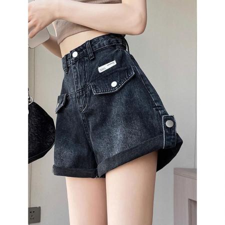 黑色牛仔短裤女新款梨形身材大码胖mm设计显瘦高腰阔腿裤  服裝批發女裝批發服飾貨源