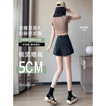 黑色牛仔短裤女新款梨形身材大码胖mm设计显瘦高腰阔腿裤  服裝批發女裝批發服飾貨源