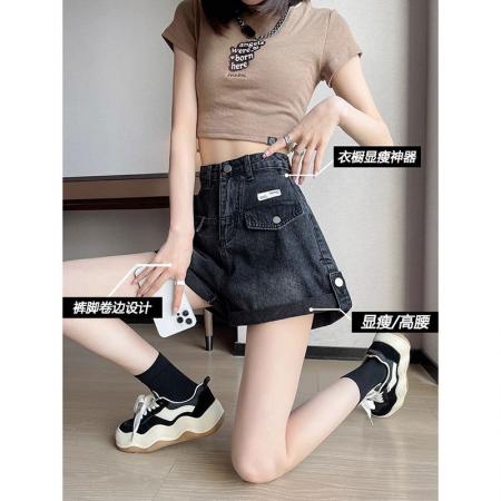 黑色牛仔短裤女新款梨形身材大码胖mm设计显瘦高腰阔腿裤  服裝批發女裝批發服飾貨源