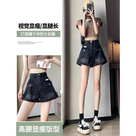黑色牛仔短裤女新款梨形身材大码胖mm设计显瘦高腰阔腿裤  服裝批發女裝批發服飾貨源