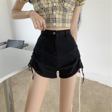 夏季新款设计感抽绳系带高腰牛仔短裤女直筒修身显瘦百搭阔腿热裤  服裝批發女裝批發服飾貨源