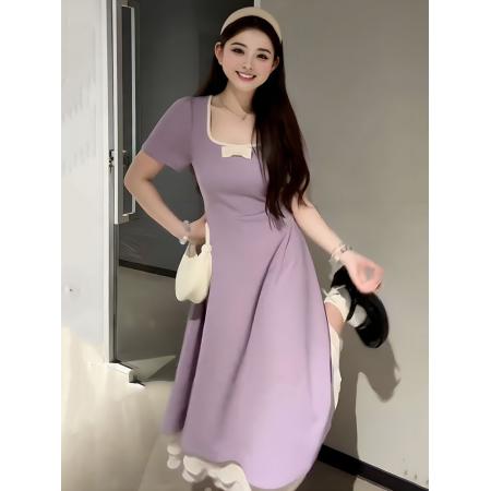 大码法式紫色显白方领短袖连衣裙女夏季胖mm高腰梨形身材显瘦裙子  服裝批發女裝批發服飾貨源