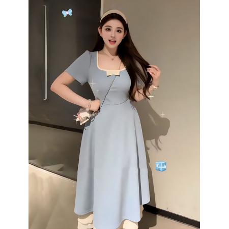 大码法式紫色显白方领短袖连衣裙女夏季胖mm高腰梨形身材显瘦裙子  服裝批發女裝批發服飾貨源