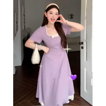 大码法式紫色显白方领短袖连衣裙女夏季胖mm高腰梨形身材显瘦裙子  服裝批發女裝批發服飾貨源