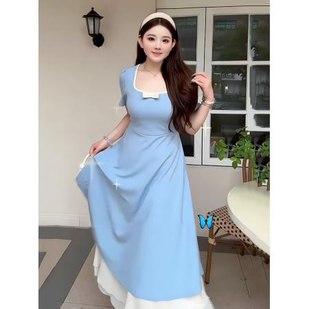 大码法式紫色显白方领短袖连衣裙女夏季胖mm高腰梨形身材显瘦裙子  服裝批發女裝批發服飾貨源