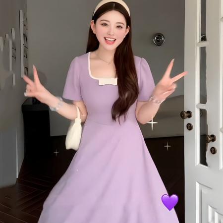 大码法式紫色显白方领短袖连衣裙女夏季胖mm高腰梨形身材显瘦裙子  服裝批發女裝批發服飾貨源