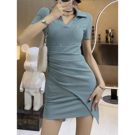 辣妹纯欲风不规则连衣裙女夏季小个子POLO领收腰显瘦短袖包臀裙潮  服裝批發女裝批發服飾貨源