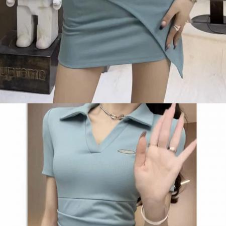 辣妹纯欲风不规则连衣裙女夏季小个子POLO领收腰显瘦短袖包臀裙潮  服裝批發女裝批發服飾貨源
