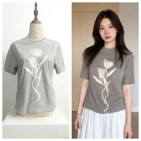 韩系超好看的花卉印花正肩短袖T恤女夏季新款上衣设计感小众  服裝批發女裝批發服飾貨源