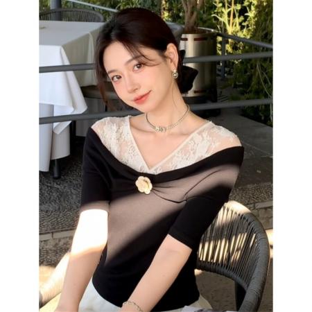 韩系辣妹蕾丝边假两件短款上衣女夏季新款短袖T恤设计感小众  服裝批發女裝批發服飾貨源