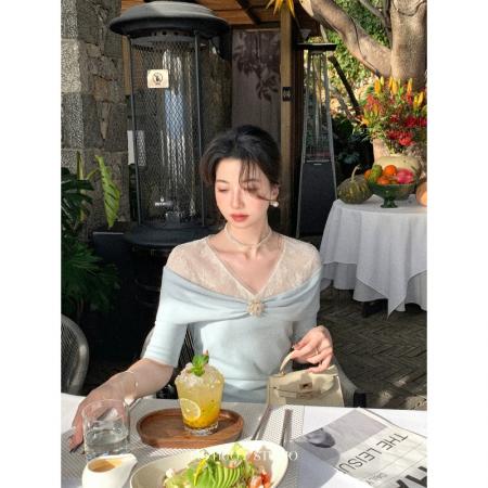 韩系辣妹蕾丝边假两件短款上衣女夏季新款短袖T恤设计感小众  服裝批發女裝批發服飾貨源