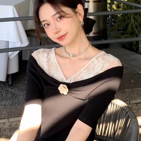 韩系辣妹蕾丝边假两件短款上衣女夏季新款短袖T恤设计感小众  服裝批發女裝批發服飾貨源