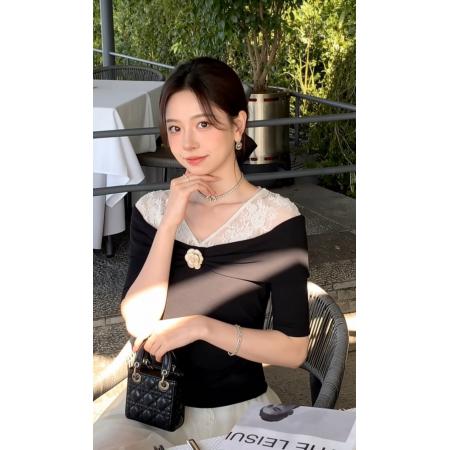 韩系辣妹蕾丝边假两件短款上衣女夏季新款短袖T恤设计感小众  服裝批發女裝批發服飾貨源