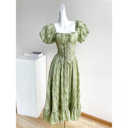 法式复古方领泡泡袖连衣裙女夏气质高级感初恋在逃公主连衣裙  服裝批發女裝批發服飾貨源