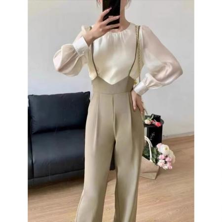 背带裤女设计感小众高腰垂感阔腿裤两件套洋气减龄吊带连体裤套装  服裝批發女裝批發服飾貨源