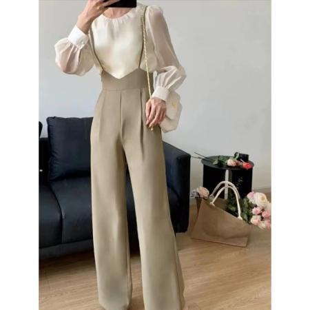 背带裤女设计感小众高腰垂感阔腿裤两件套洋气减龄吊带连体裤套装  服裝批發女裝批發服飾貨源