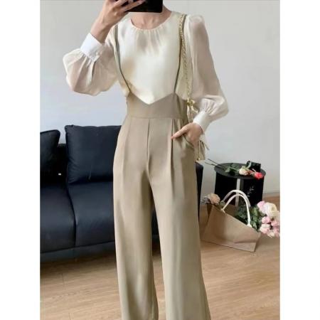 背带裤女设计感小众高腰垂感阔腿裤两件套洋气减龄吊带连体裤套装  服裝批發女裝批發服飾貨源