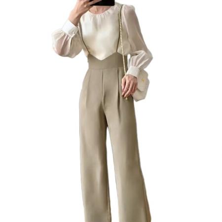 背带裤女设计感小众高腰垂感阔腿裤两件套洋气减龄吊带连体裤套装  服裝批發女裝批發服飾貨源