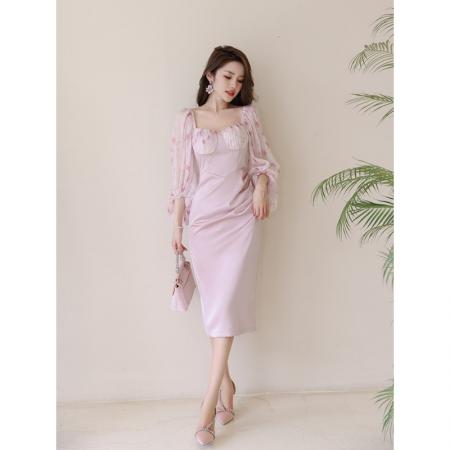 慵懒风长袖漂亮显瘦裙子初恋小众设计茶歇减龄轻熟泡泡袖连衣裙女  服裝批發女裝批發服飾貨源