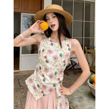 法式甜辣风碎花掐腰露肩上衣女夏季新款外穿小衫设计感小众  服裝批發女裝批發服飾貨源