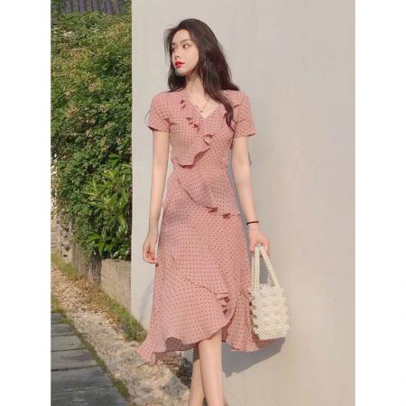 纯欲雪纺裙子法式复古裹身裙夏新款文艺v领浪漫荷叶边连衣裙  服裝批發女裝批發服飾貨源