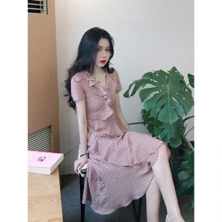 纯欲雪纺裙子法式复古裹身裙夏新款文艺v领浪漫荷叶边连衣裙  服裝批發女裝批發服飾貨源