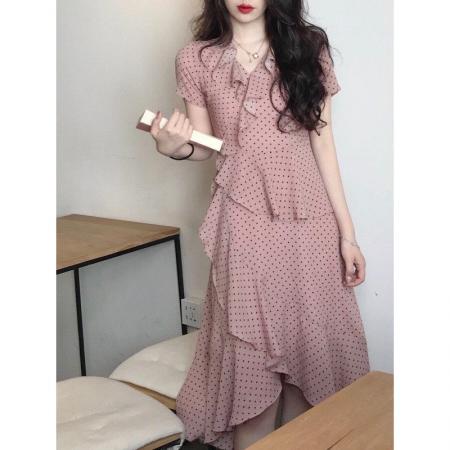 纯欲雪纺裙子法式复古裹身裙夏新款文艺v领浪漫荷叶边连衣裙  服裝批發女裝批發服飾貨源