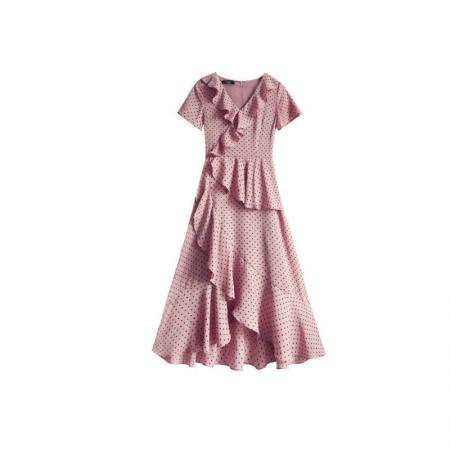 纯欲雪纺裙子法式复古裹身裙夏新款文艺v领浪漫荷叶边连衣裙  服裝批發女裝批發服飾貨源