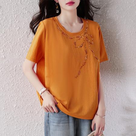 BY17177# 时尚珠片刺绣短袖T恤女夏季新款女装大码欧货休闲上衣