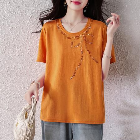 BY17177# 时尚珠片刺绣短袖T恤女夏季新款女装大码欧货休闲上衣