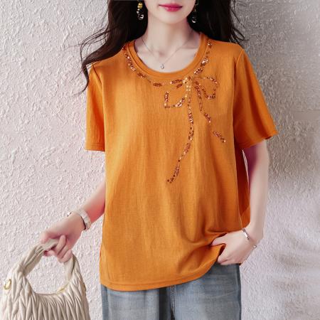 BY17177# 时尚珠片刺绣短袖T恤女夏季新款女装大码欧货休闲上衣