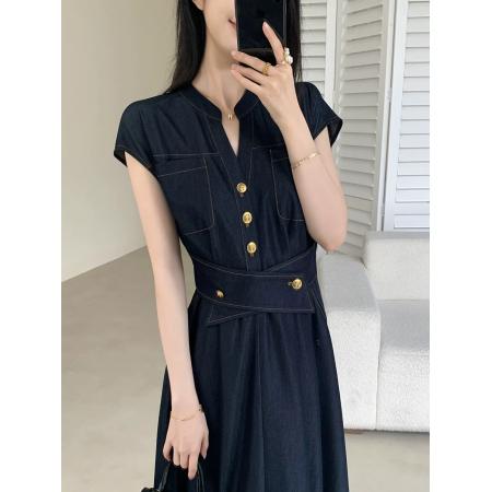 BY17179# 牛仔连衣裙女夏新款收腰显瘦气质通勤长裙子