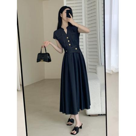 BY17179# 牛仔连衣裙女夏新款收腰显瘦气质通勤长裙子