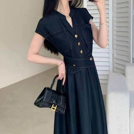 BY17179# 牛仔连衣裙女夏新款收腰显瘦气质通勤长裙子