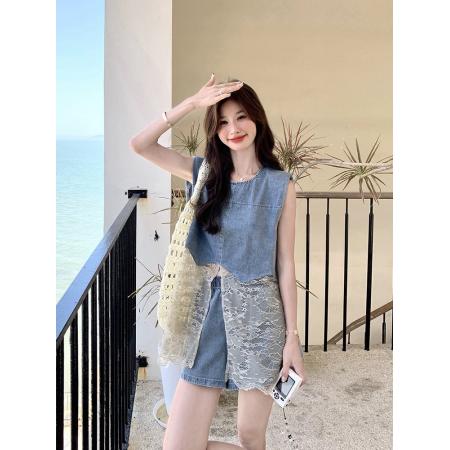 BY17180# 盐系巨好看牛仔套装女夏季新款小个子蕾丝拼接背心短裤两件套