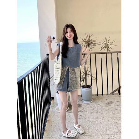 BY17180# 盐系巨好看牛仔套装女夏季新款小个子蕾丝拼接背心短裤两件套