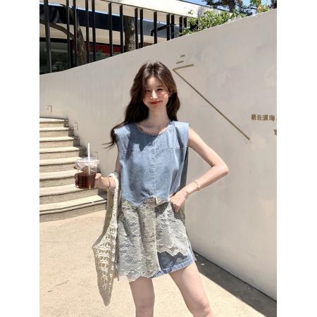 BY17180# 盐系巨好看牛仔套装女夏季新款小个子蕾丝拼接背心短裤两件套